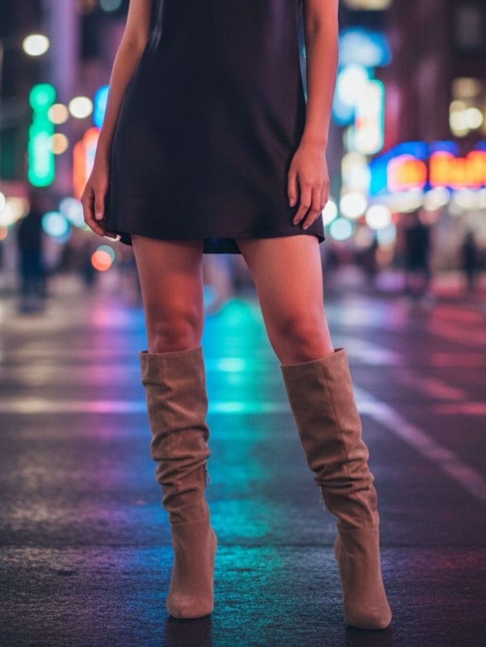 JustFab Knee-High Slouch Suede Boots in Taupe